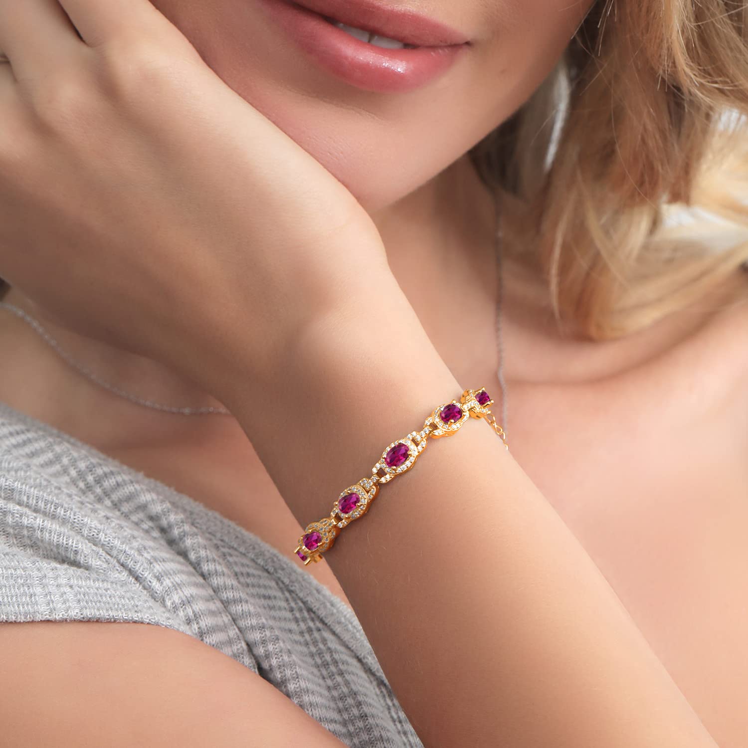 Gem Stone King 18K Yellow Gold Plated Silver Oval Gemstone Birthstone Tennis Bracelet For Women | Oval 6X4MM | 7 Inch With 1 Inch Extender | Fine Jewelry Gifts for Women Her Mom Wife