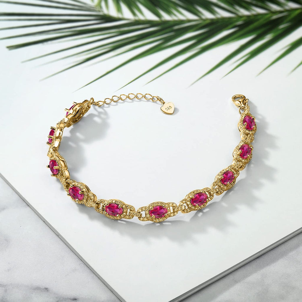 Gem Stone King 18K Yellow Gold Plated Silver Oval Gemstone Birthstone Tennis Bracelet For Women | Oval 6X4MM | 7 Inch With 1 Inch Extender | Fine Jewelry Gifts for Women Her Mom Wife