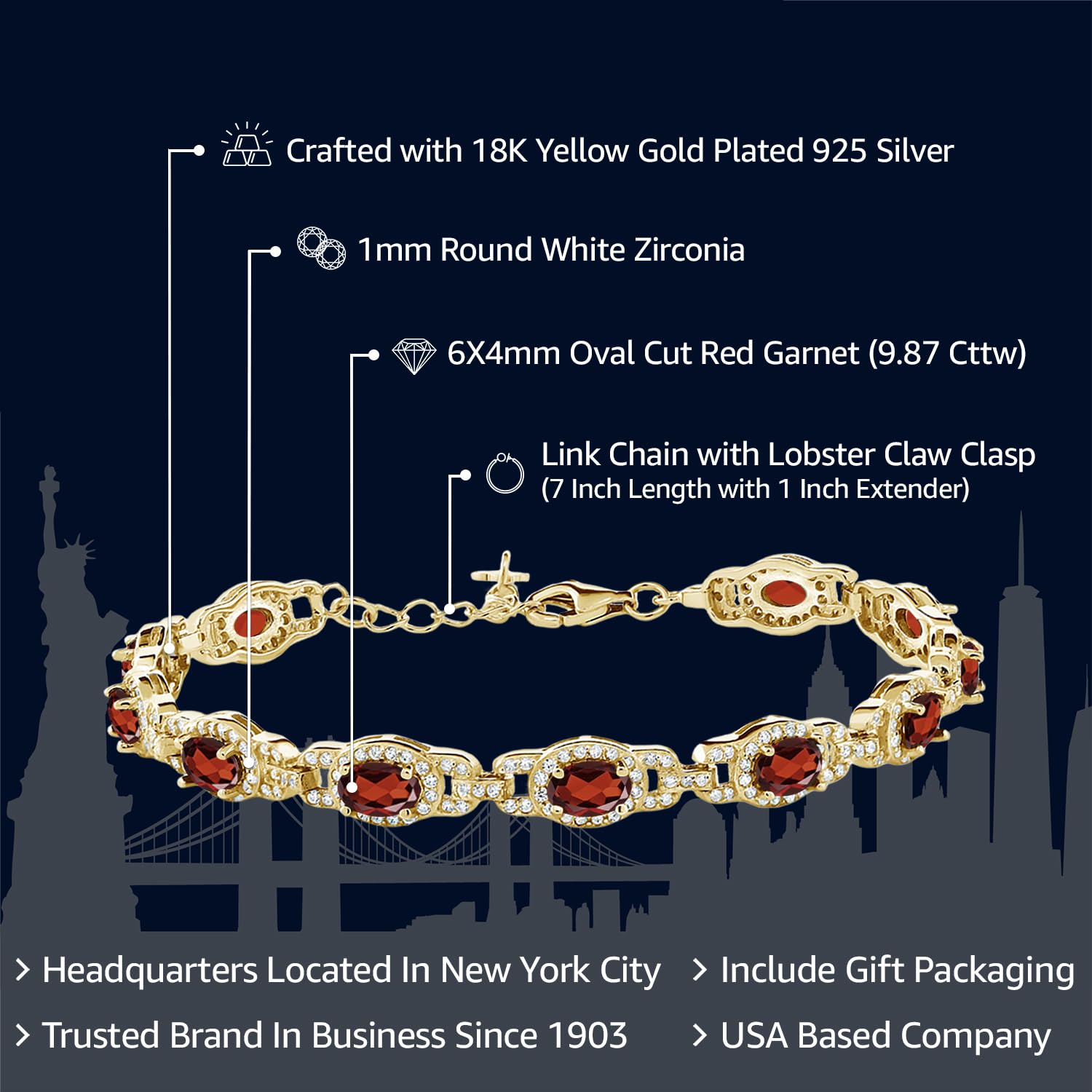 Gem Stone King 18K Yellow Gold Plated Silver Oval Gemstone Birthstone Tennis Bracelet For Women | Oval 6X4MM | 7 Inch With 1 Inch Extender | Fine Jewelry Gifts for Women Her Mom Wife