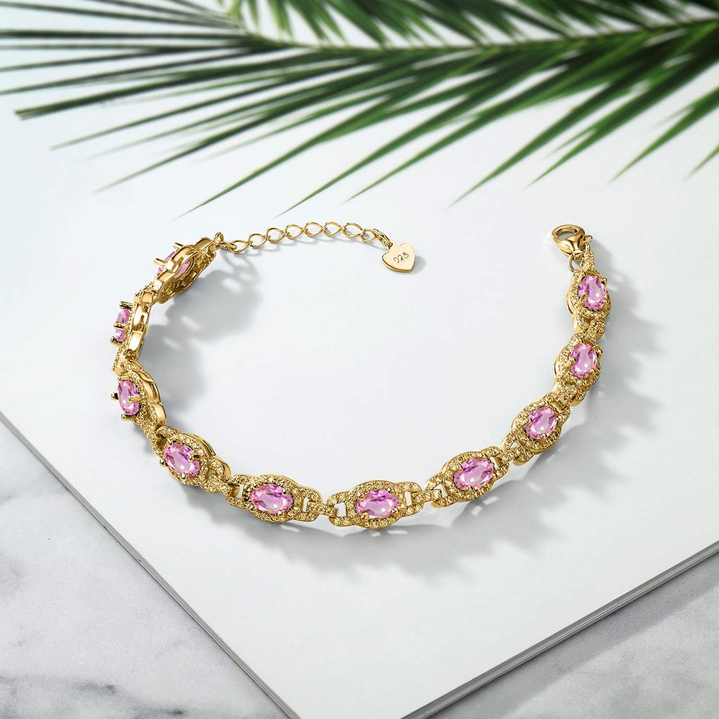 Gem Stone King 18K Yellow Gold Plated Silver Oval Gemstone Birthstone Tennis Bracelet For Women | Oval 6X4MM | 7 Inch With 1 Inch Extender | Fine Jewelry Gifts for Women Her Mom Wife
