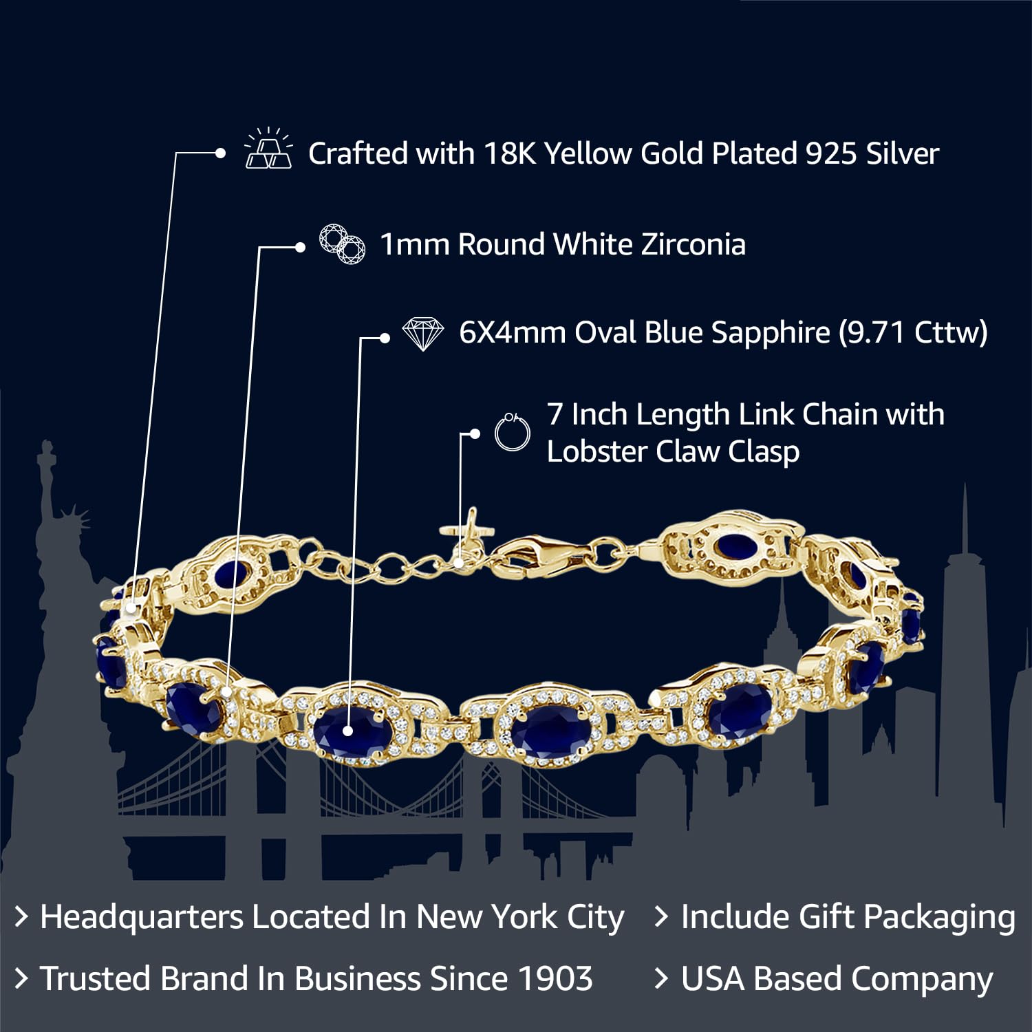 Gem Stone King 18K Yellow Gold Plated Silver Oval Gemstone Birthstone Tennis Bracelet For Women | Oval 6X4MM | 7 Inch With 1 Inch Extender | Fine Jewelry Gifts for Women Her Mom Wife