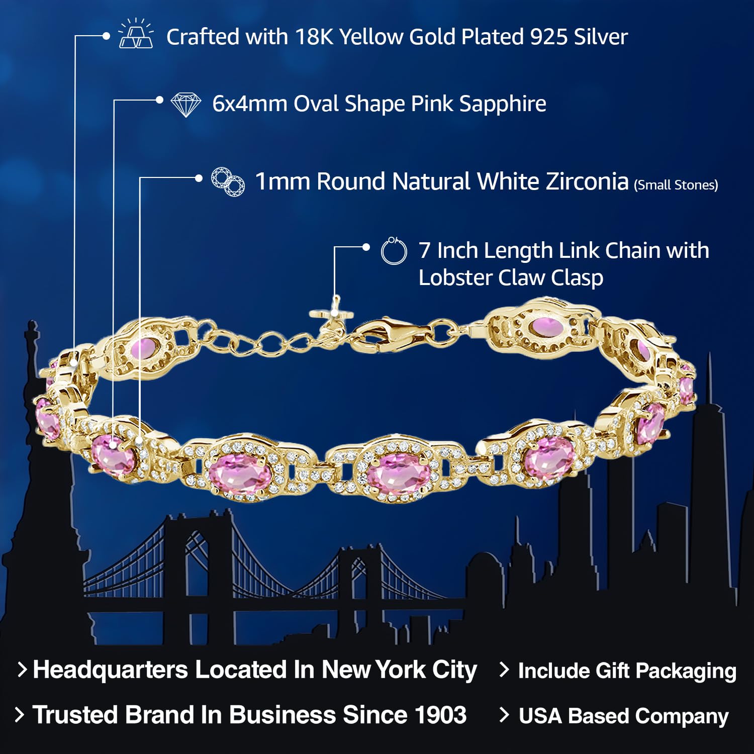 Gem Stone King 18K Yellow Gold Plated Silver Oval Gemstone Birthstone Tennis Bracelet For Women | Oval 6X4MM | 7 Inch With 1 Inch Extender | Fine Jewelry Gifts for Women Her Mom Wife