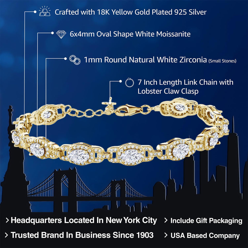 Gem Stone King 18K Yellow Gold Plated Silver Oval Gemstone Birthstone Tennis Bracelet For Women | Oval 6X4MM | 7 Inch With 1 Inch Extender | Fine Jewelry Gifts for Women Her Mom Wife