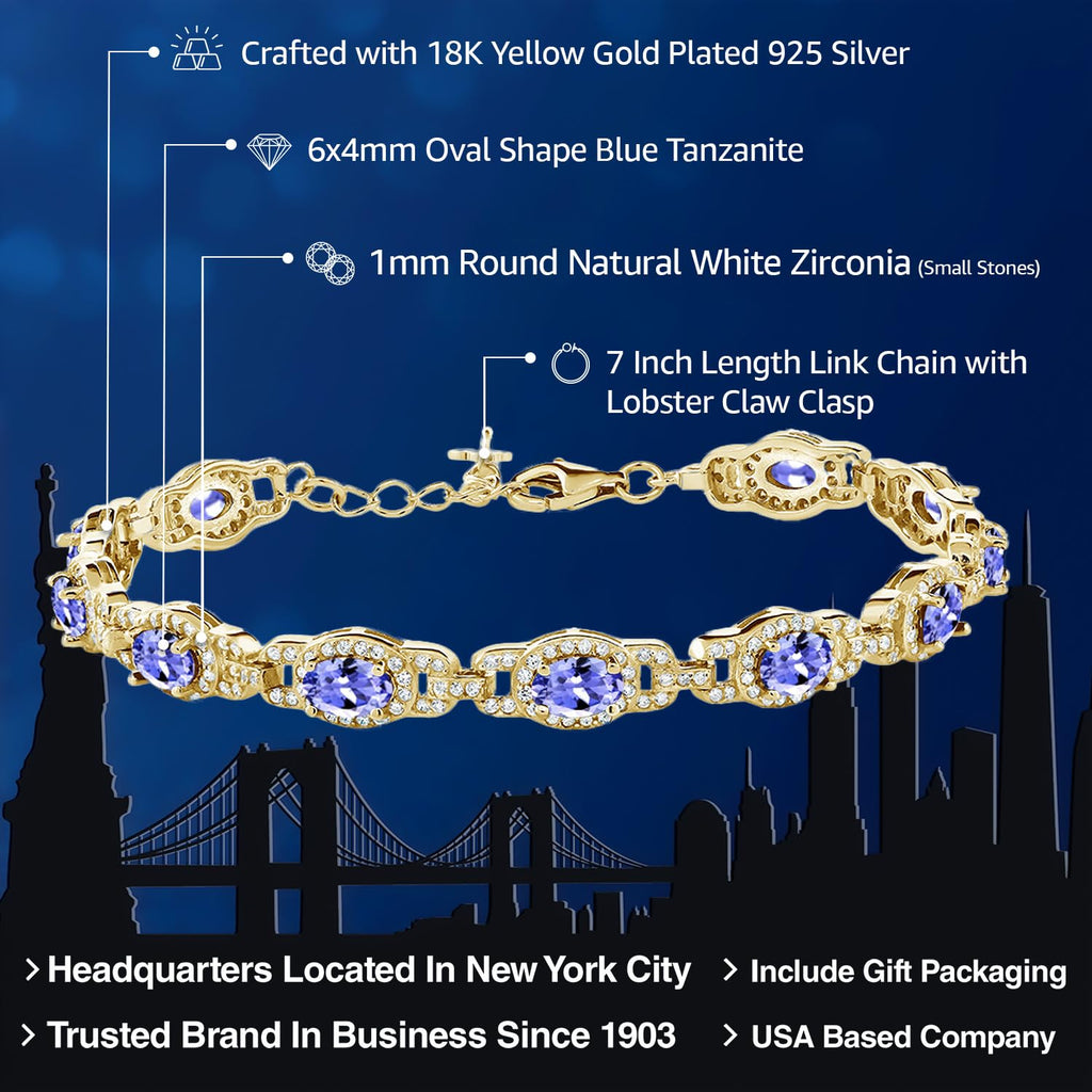 Gem Stone King 18K Yellow Gold Plated Silver Oval Gemstone Birthstone Tennis Bracelet For Women | Oval 6X4MM | 7 Inch With 1 Inch Extender | Fine Jewelry Gifts for Women Her Mom Wife