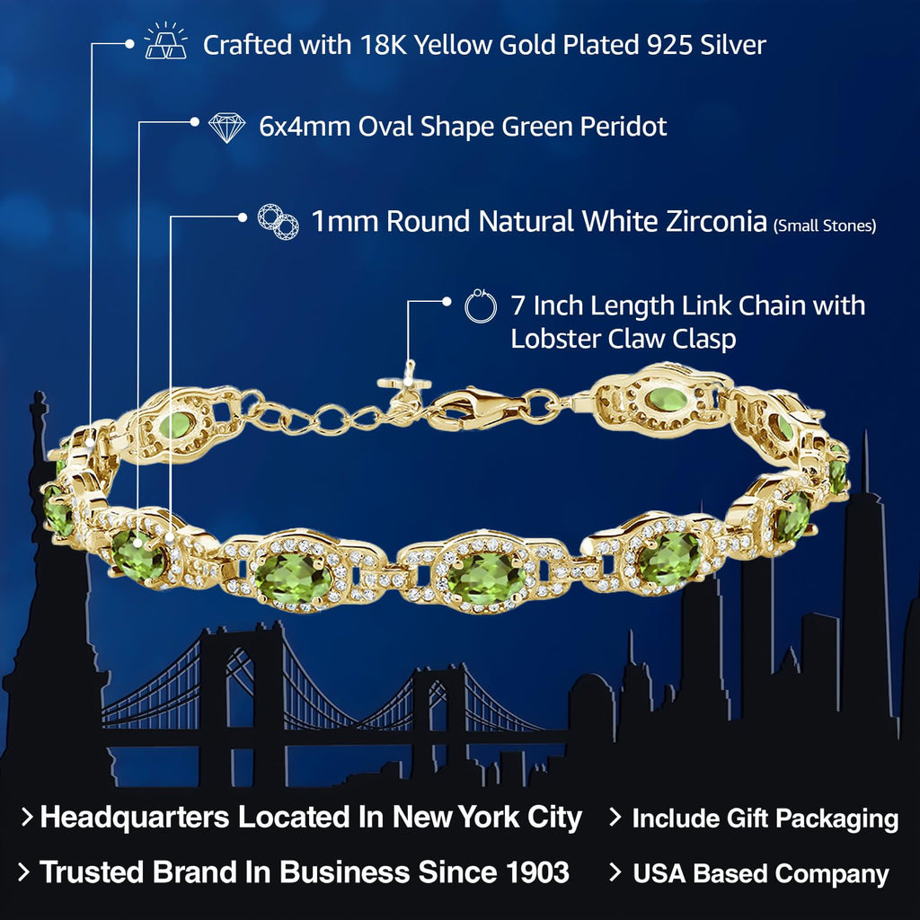 Gem Stone King 18K Yellow Gold Plated Silver Oval Gemstone Birthstone Tennis Bracelet For Women | Oval 6X4MM | 7 Inch With 1 Inch Extender | Fine Jewelry Gifts for Women Her Mom Wife