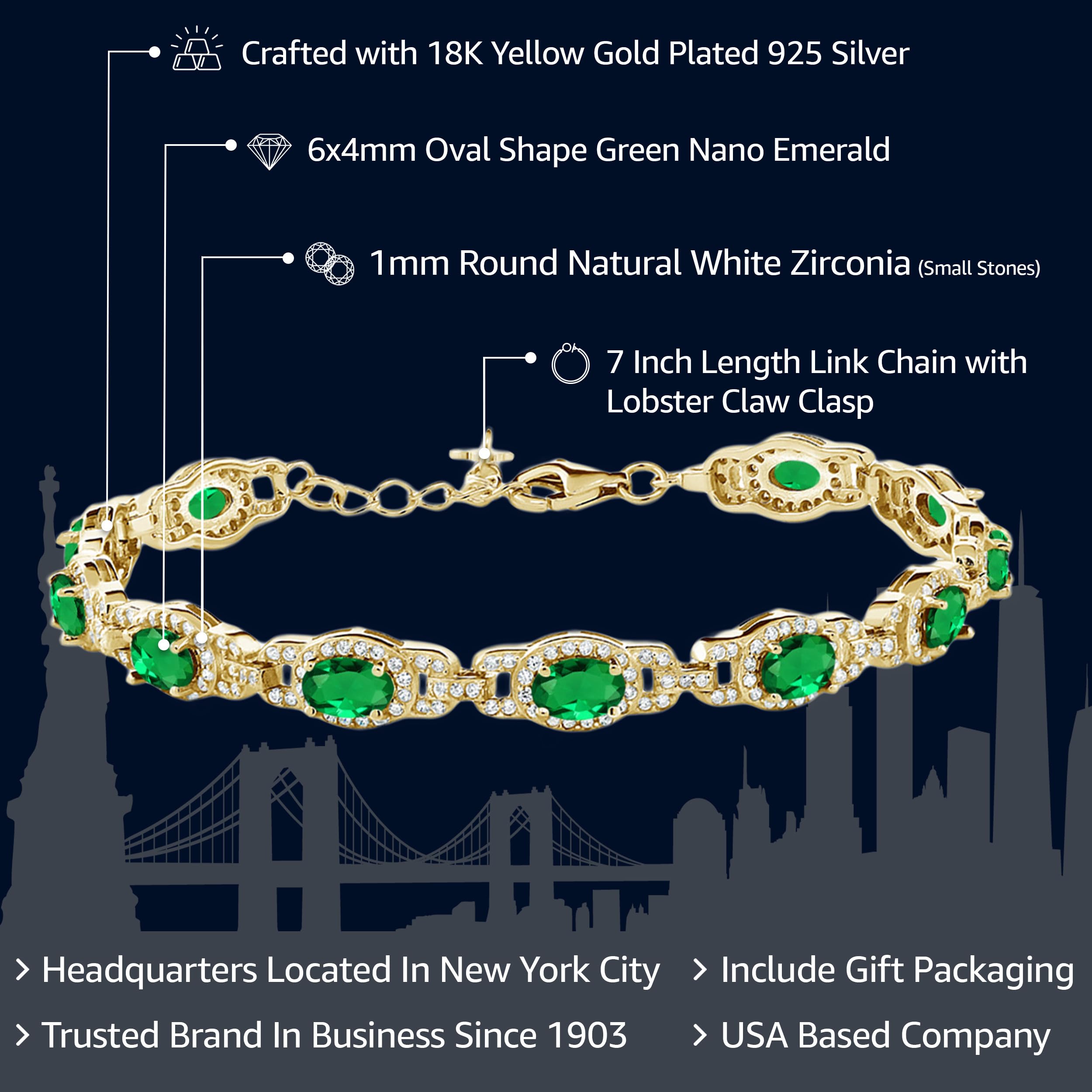 Gem Stone King 18K Yellow Gold Plated Silver Oval Gemstone Birthstone Tennis Bracelet For Women | Oval 6X4MM | 7 Inch With 1 Inch Extender | Fine Jewelry Gifts for Women Her Mom Wife