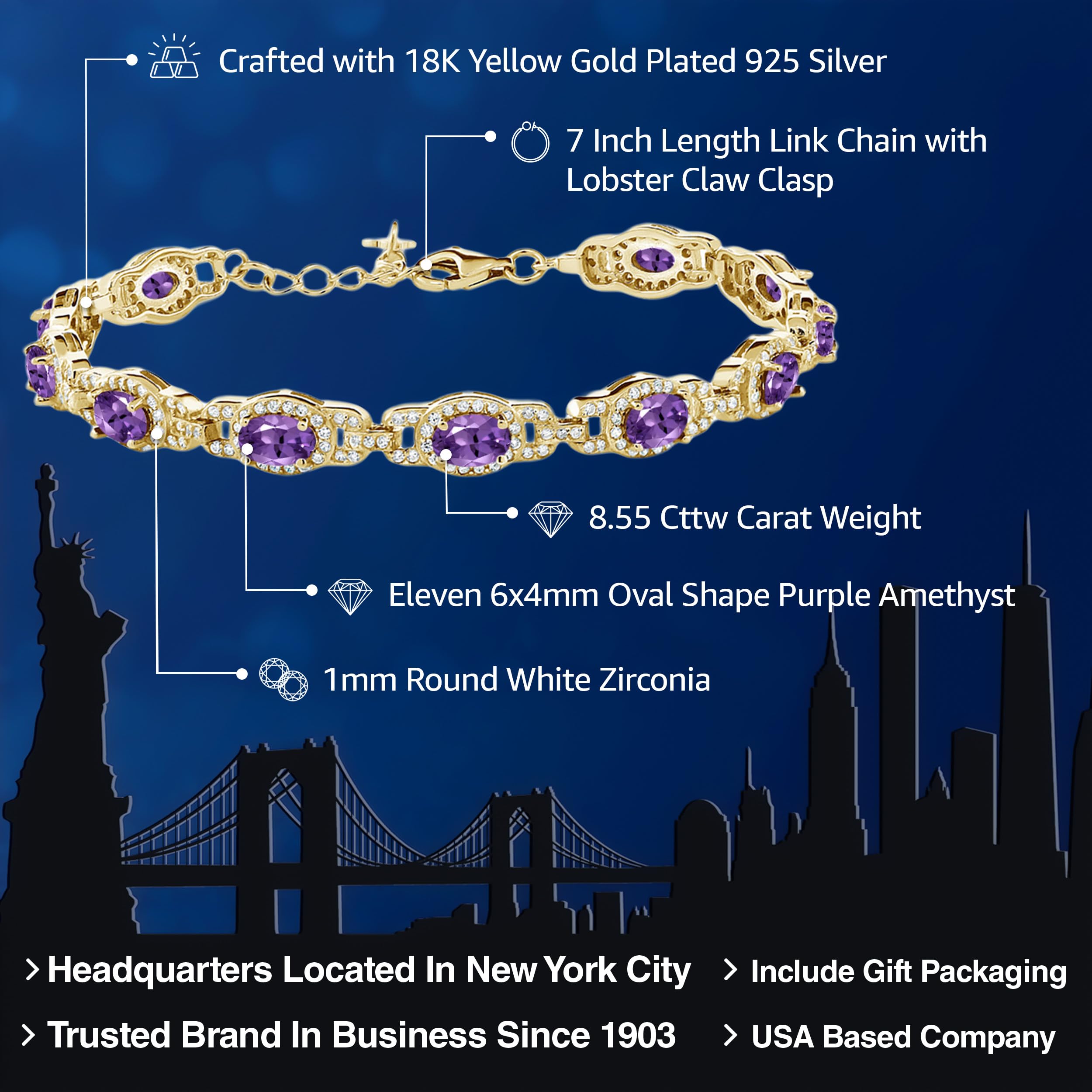 Gem Stone King 18K Yellow Gold Plated Silver Oval Gemstone Birthstone Tennis Bracelet For Women | Oval 6X4MM | 7 Inch With 1 Inch Extender | Fine Jewelry Gifts for Women Her Mom Wife