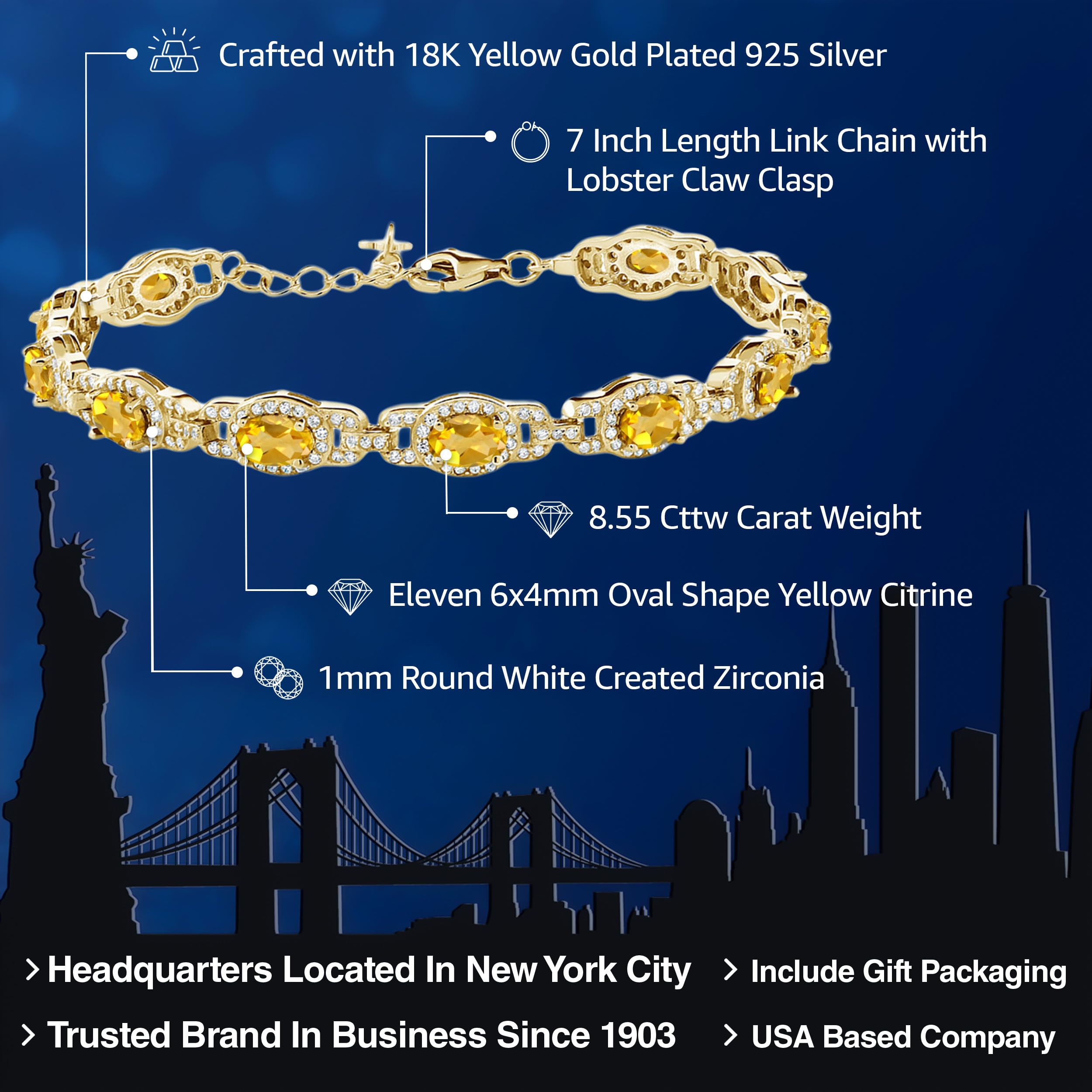 Gem Stone King 18K Yellow Gold Plated Silver Oval Gemstone Birthstone Tennis Bracelet For Women | Oval 6X4MM | 7 Inch With 1 Inch Extender | Fine Jewelry Gifts for Women Her Mom Wife