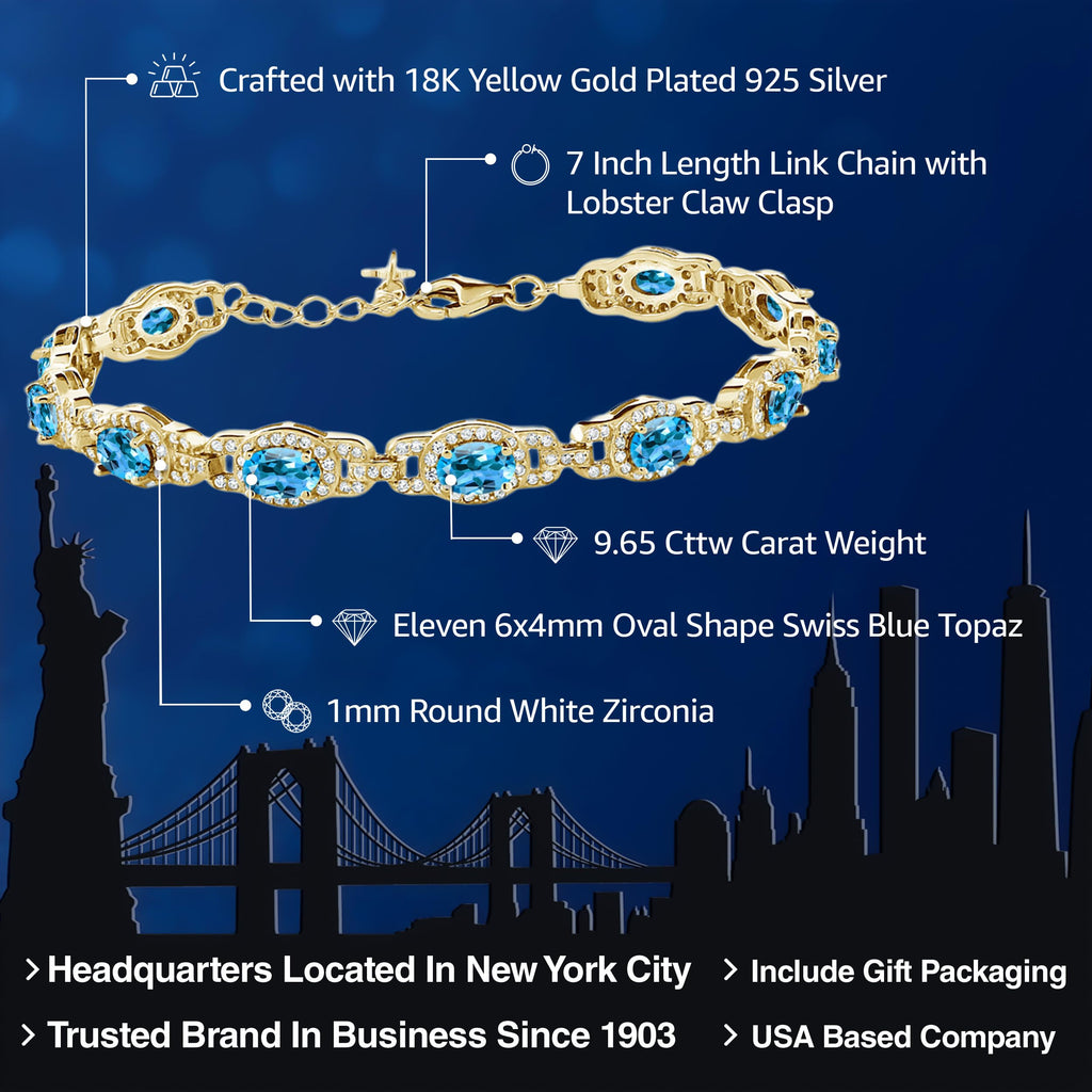 Gem Stone King 18K Yellow Gold Plated Silver Oval Gemstone Birthstone Tennis Bracelet For Women | Oval 6X4MM | 7 Inch With 1 Inch Extender | Fine Jewelry Gifts for Women Her Mom Wife