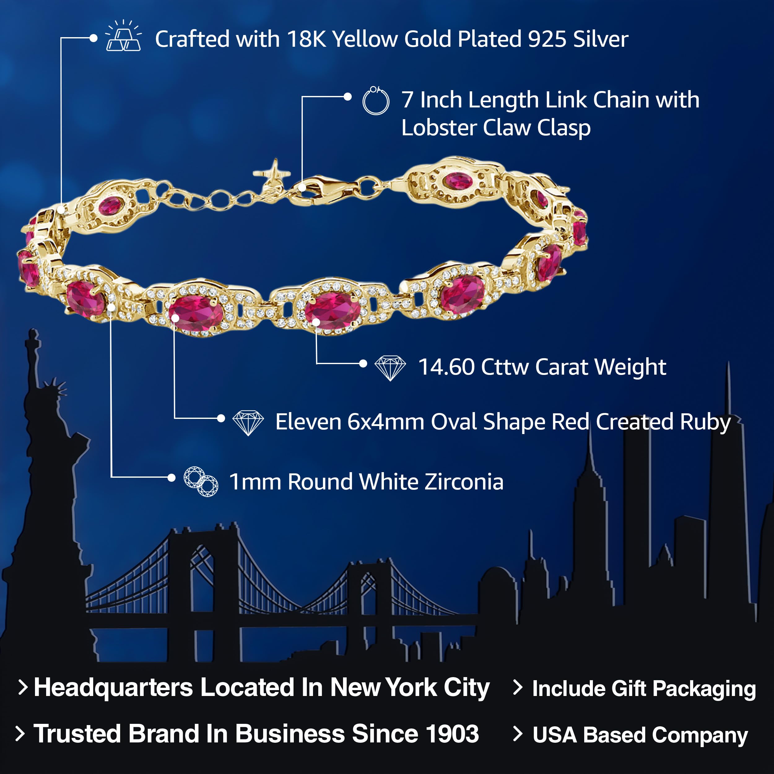 Gem Stone King 18K Yellow Gold Plated Silver Oval Gemstone Birthstone Tennis Bracelet For Women | Oval 6X4MM | 7 Inch With 1 Inch Extender | Fine Jewelry Gifts for Women Her Mom Wife